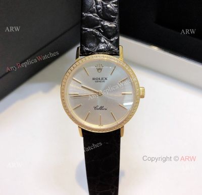 Diamond Rolex Cellini Ladies Leather Strap Yellow Gold Watch Replica 